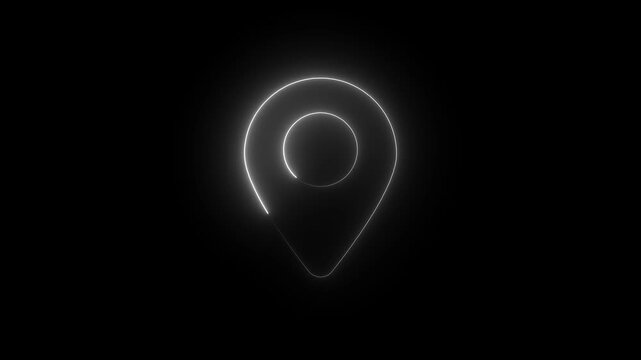Minimalist glowing neon map pin animation on black background, location neon navigation