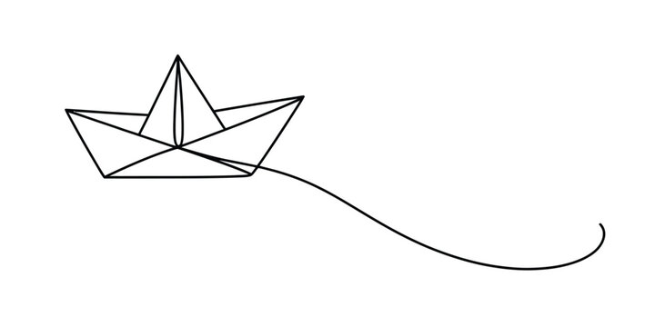 Simple line drawing of a small paper boat with a trailing line Vector, illustration