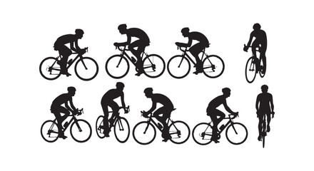 Obraz premium Cycling silhouettes set depicting road bike riders in different perspectives including side front and back views for racing.