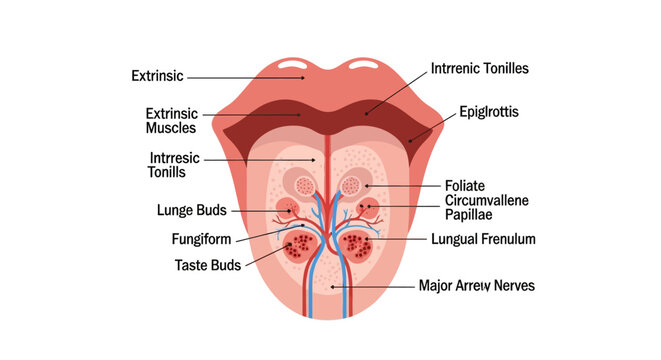 Anatomical illustration of the human tongue with labeled parts.