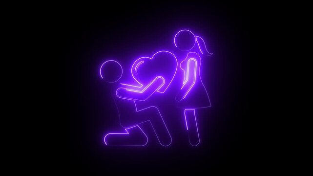 Neon proposal animation: man kneeling offering heart to woman, romantic love concept, glowing purple stick figure on black background