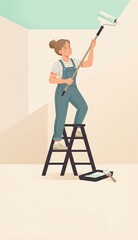 Fototapeta premium Friendly woman painting ceiling with roller