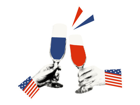 Hands clinking glasses halftone art collage. Toast and cheers for Happy Independence day, sticker with doodles and American flag for celebration of 4th July. Modern retro grunge vector illustration