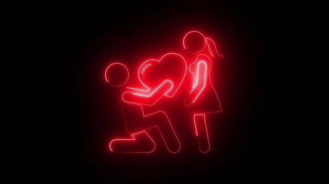 Neon red stick figure couple proposal animation, man kneeling offering heart symbol, romantic love concept, valentine&rsquo;s day motion