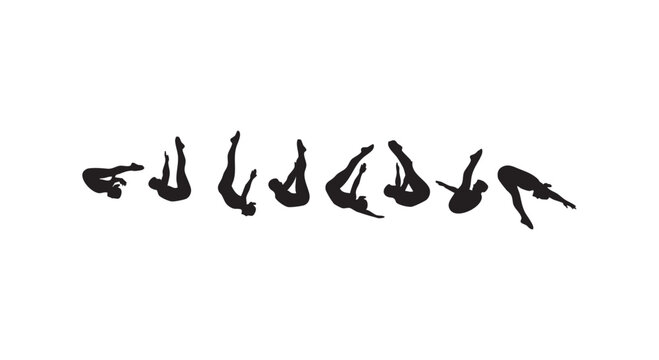 Diving athlete silhouette sequence showing various mid air acrobatic positions during high board competition performance.