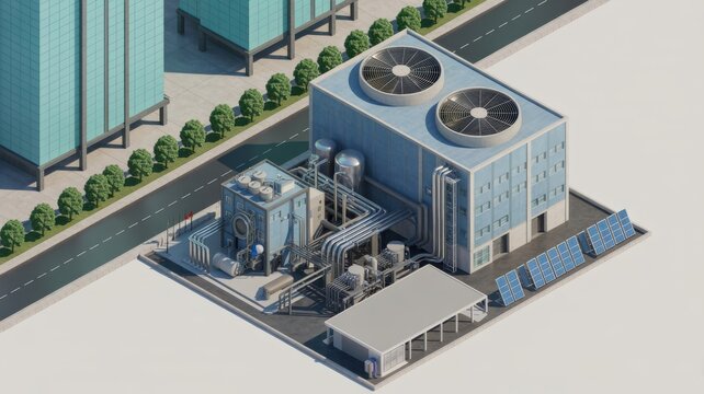 Isometric 3D illustration of a modern industrial factory plant with sustainable energy features.