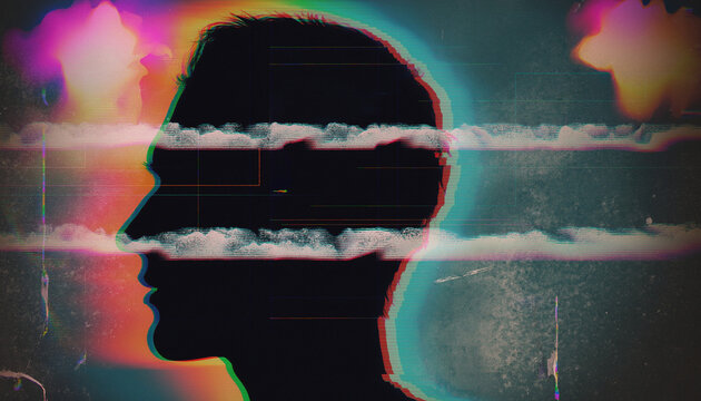 Cyberpunk anonymous profile silhouette with abstract digital noise scanlines overlay