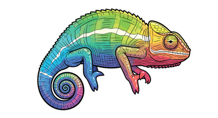 Fototapeta premium A vibrant rainbow chameleon changes colors dynamically, showcasing its unique skin texture and coiled tail in a colorful illustration.