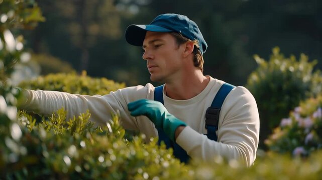 Close-up outdoor maintenance captures precise trimming techniques during shrub care work, emphasizing skill, equipment use, and attention to detail. cinematic color correction, natural uneven