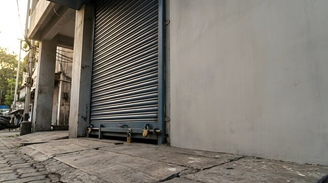 Closed metal roller shutter door of street level retail store shop entrance secured with multiple padlocks during early morning or evening hours in quiet urban setting showing weathered pavement.