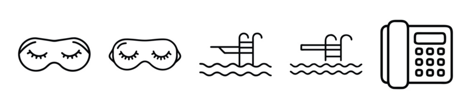 Set of hotel and travel icons including sleep masks, swimming pool with diving board, and office telephone vector line art illustration