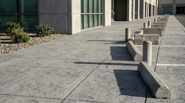 Rows of concrete parking barriers and bollards line tiled sidewalk outside modern building under sunny sky, empty urban pedestrian area with shadows.