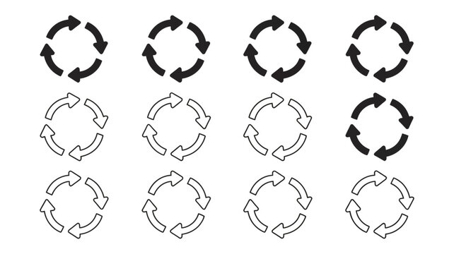Rotating circle arrows icons, refresh reload loop signs, minimal black infographic vector set