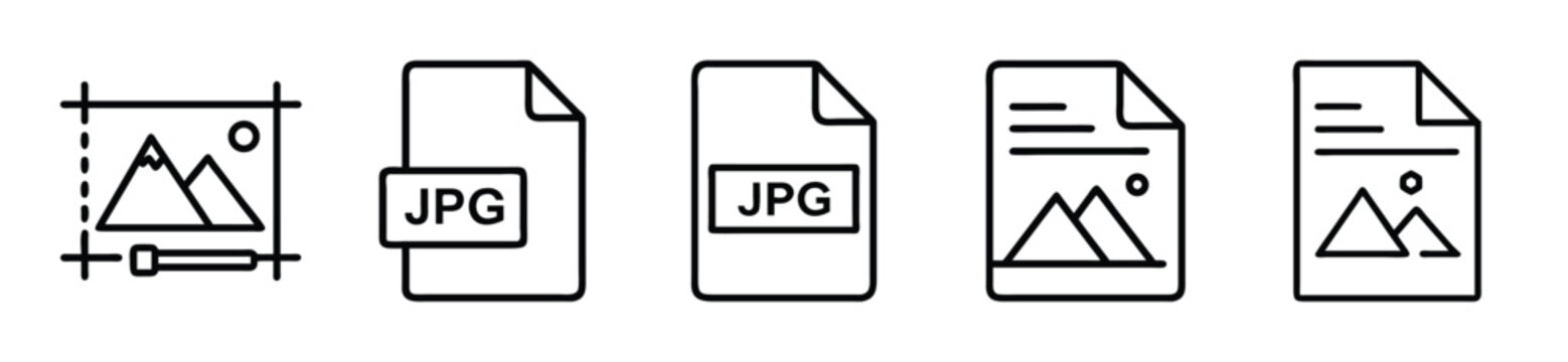 Set of image file format icons, including jpg file extension, image editing, and document with photo icons, vector illustration isolated on white background