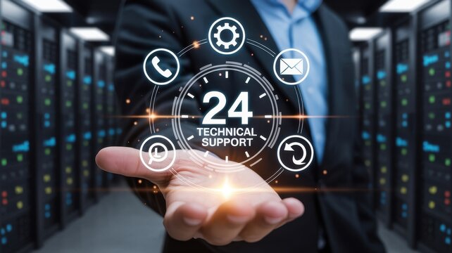 Businessman holding virtual interface for 24/7 technical support in server room