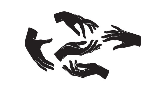 Five black silhouettes of human hands with various gestures and positions isolated on a clean white background.