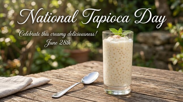 Glass of tapioca pudding on wooden table outdoors
