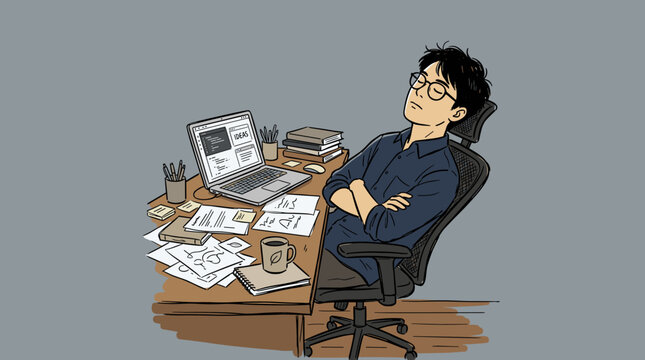 A businessman sitting at a messy desk with a laptop looking bored or thoughtful while taking a break in the office vector illustration