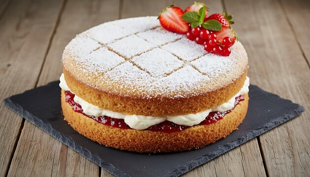 Classic Victoria sponge cake with fresh strawberries, redcurrants, and mint leaves