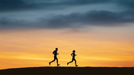 Obraz premium Silhouettes of two people running on hill against colorful sunset sky