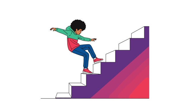 Young boy with an afro hairstyle accidentally tripping and falling down a flight of colorful purple and pink stairs in a dynamic pose.