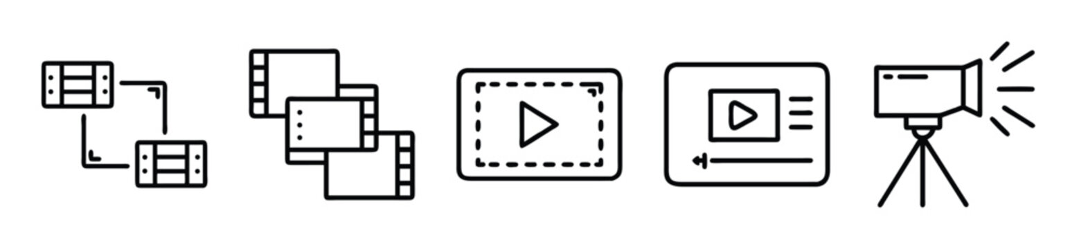 Set of video production and editing icons, including film strip sequence, video player interface, and studio lighting camera equipment