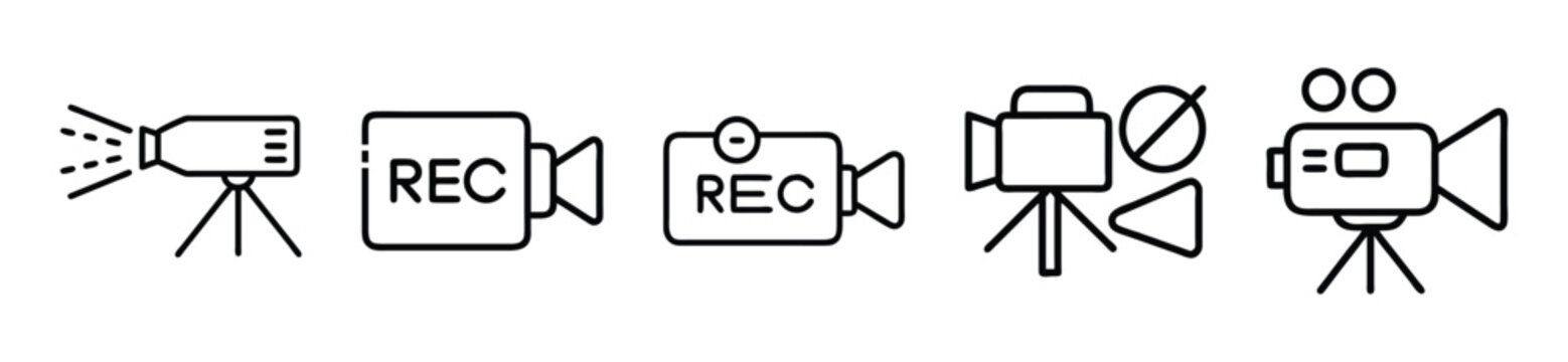 Set of video camera icons, including recording, filming, and movie production symbols, isolated on white background