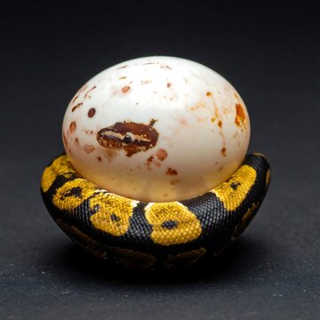 Snake coils protectively around a mottled egg