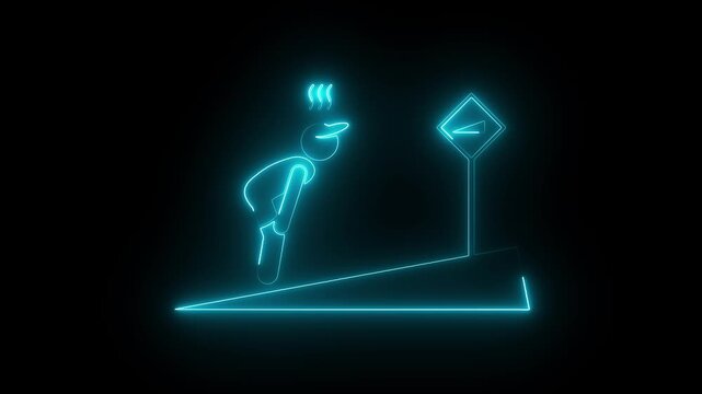 Neon stick figure struggling up steep incline: concept of hard work and overcoming challenges glowing