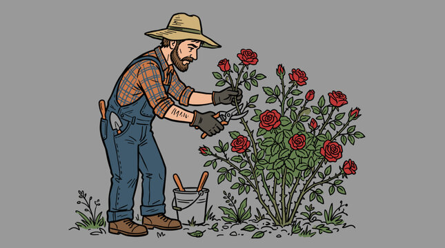 A man taking care of a rose bush in his backyard garden by cutting dead branches in a flat vector hand-drawn style design