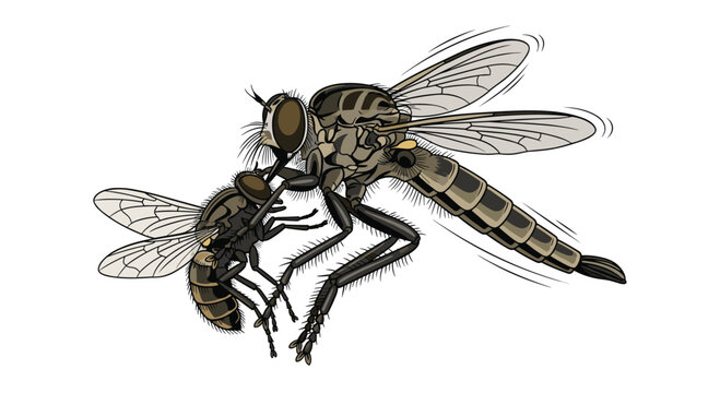 A dramatic illustration captures a robber fly in mid-air, aggressively preying on and consuming another fly in a predatory moment.