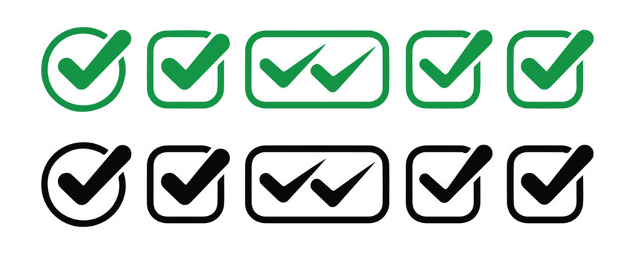 Set of green and black check marks with single and double ticks in various circular and square shapes.