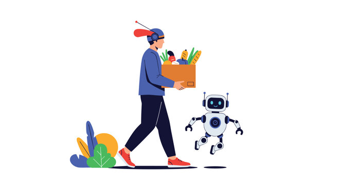 Young man carrying a box of fresh groceries home being followed by a small autonomous delivery robot on the sidewalk with green plants.