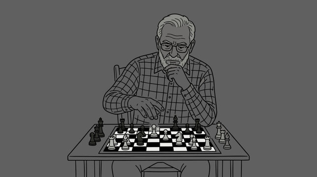 A thoughtful man sitting at a table focused on a game of chess with a focused expression in a classic strategy game setting vector