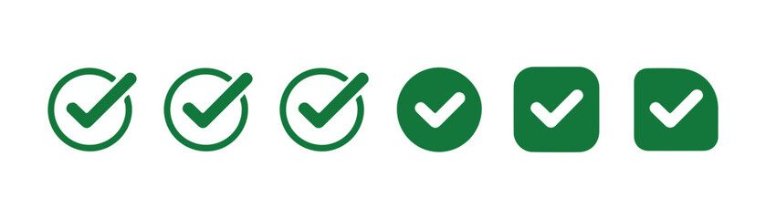 Green check mark vector icons set, collection of six different checkmark shapes with varying styles. © Modern
