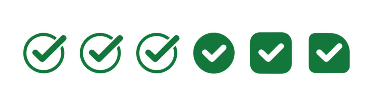 Green check mark vector icons set, collection of six different checkmark shapes with varying styles.