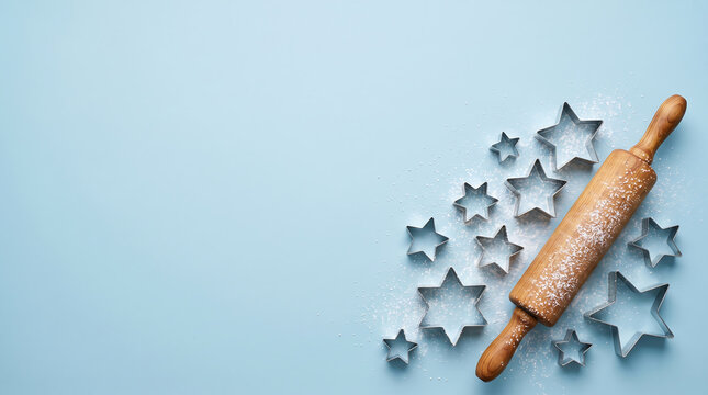 Wooden rolling pin and star cookie cutters with flour on blue background