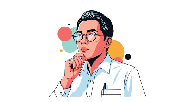 Close up portrait of a thinking man with glasses looking up and touching his chin with colorful circles and pop art shapes behind him.
