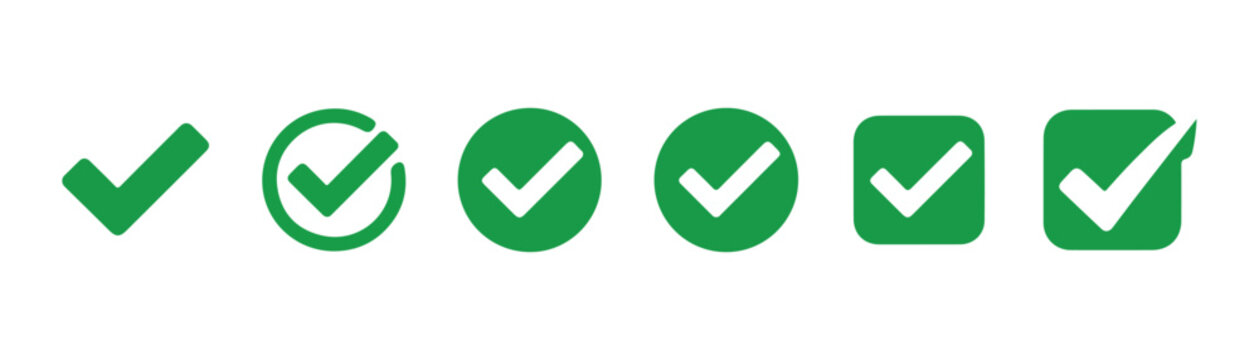Green check mark vector icons set, collection of six different checkmark shapes with varying styles.