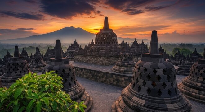 Borobudur temple at sunset with mountains.