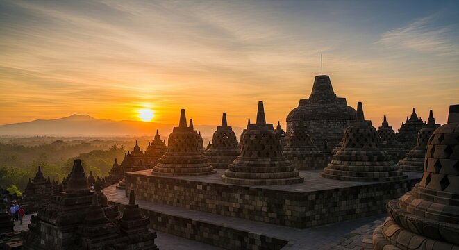 Borobudur Temple at sunrise with mountains.