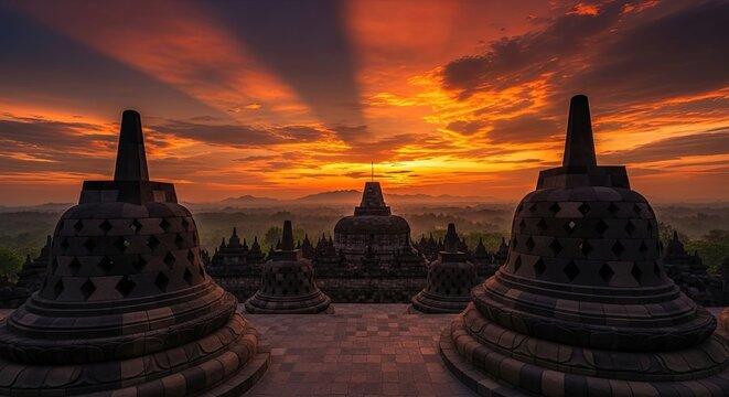 Borobudur Temple Stupas at Sunset.