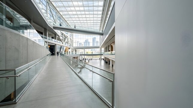 Modern atrium with a long concrete ramp bordered by glass railings, connecting various levels of a contemporary building featuring a vast glass ceiling and numerous people moving about.