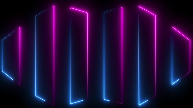 Abstract Neon Geometric Shapes Vertical Bars Glowing Multicolor Black Background. Looping Seamless Animation Of Diverging Rectangular Outlines. Motion Graphics Backdrop For Music Visualizer