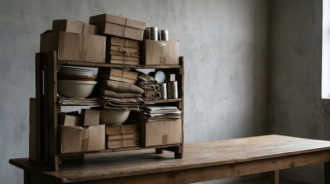 Organized storage shelf unit filled with cardboard boxes books bowls burlap sacks tin cans on wooden table.