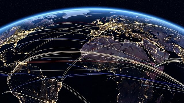 Global digital network connections visualized over earth at night showing bright data flow trajectories across continents and oceans representing modern interconnected technology