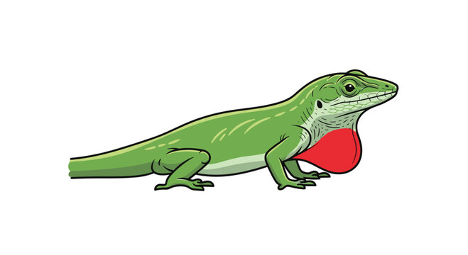 A vibrant green anole lizard showcases its unique red throat dewlap, depicted in a detailed and colorful illustration.