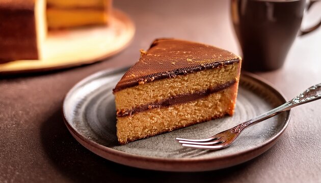 Close Up Photo Of A Slice Of Chocotorta On A Ceramic Plate With A Fork Beside It And A Cup Of Coffee In The Background Natural Light Illuminating The Scene