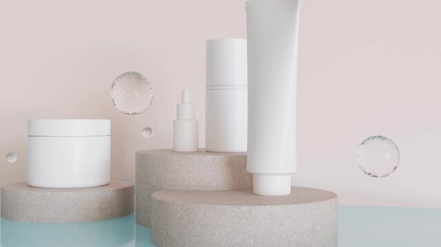 Cream jars and tubes in a looping sequence. The objects move in a soft environment with bubbles and smooth stones, creating a simple visual experience for viewers