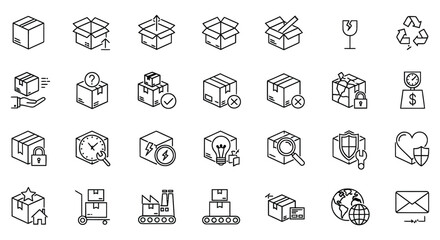 A collection of black and white vector icons illustrating business, technology, and communication themes in a minimalistic style. © MdSaiful